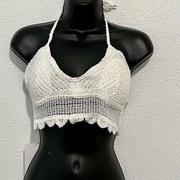 CROCHET Boho 70s American Flirt WHITE STRING LINED TRIANGLE Crop Festival TOP M - Picture 1 of 8